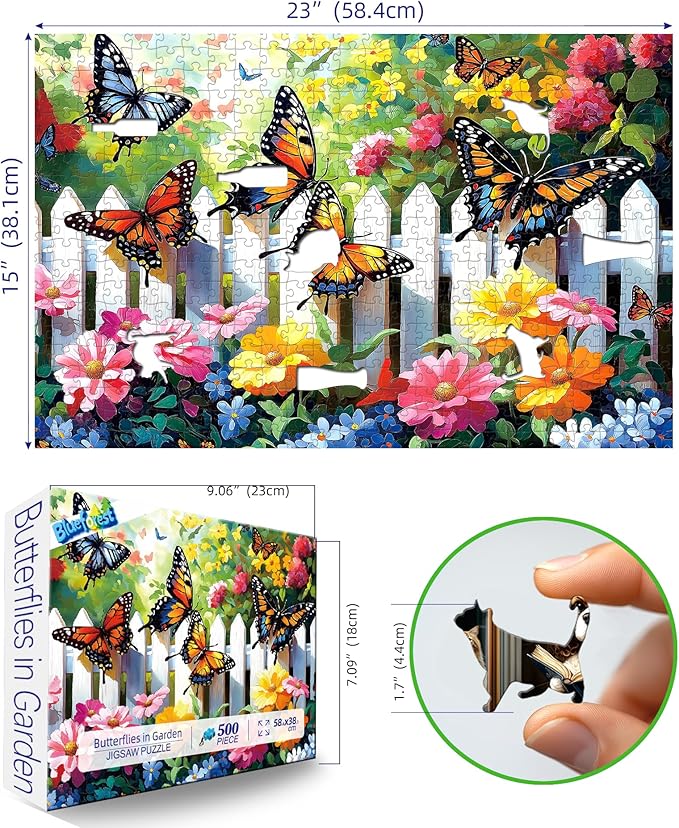 500-Piece Jigsaw Puzzle for Adults Butterfly Garden Spring Colorful Flowers 500pc Adult Puzzles Nature-Themed Flower Puzzle, Challenging Yet Relaxing Activity, Gift for Puzzle Lovers(23"x15")