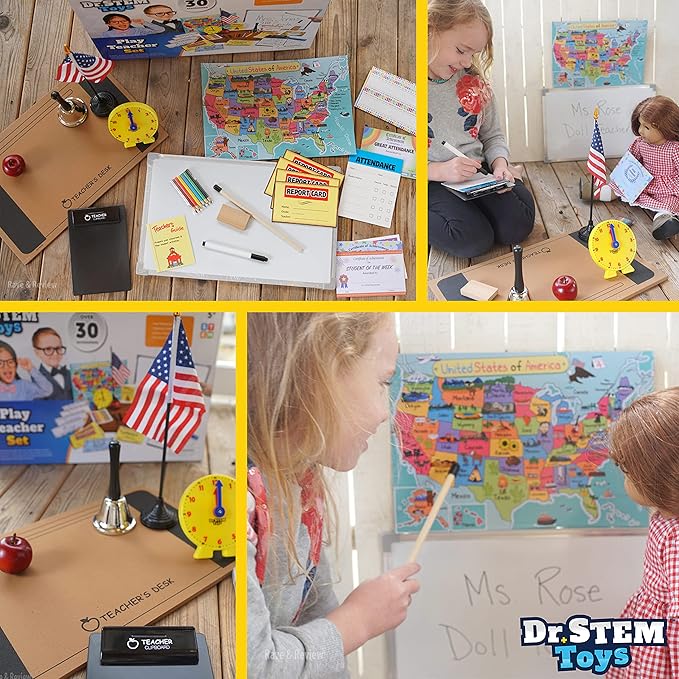 Dr. STEM Toys | Play Teacher Role-Play Set Includes Reusable White Board, Bell, Report Cards, for Home or Classroom, Over 30 Pieces Included, Gift for Kids, Complete Set