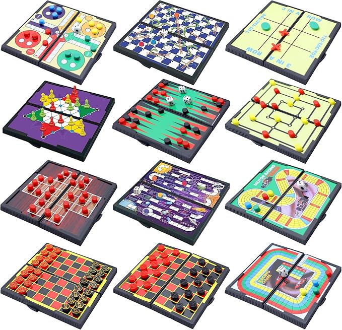 Magnetic Board Travel Games Set, Includes 12 Different Retro Board Games, Compact Travel Design Set, Individually Boxed, Best Gift Idea for Kids