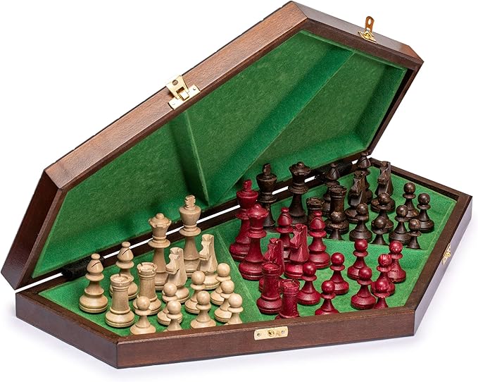 Husaria Wooden Three-Player Chess Game Set - 21 Inches - with Foldable Board, Handcrafted Playing Pieces, and Felt-Lined Storage