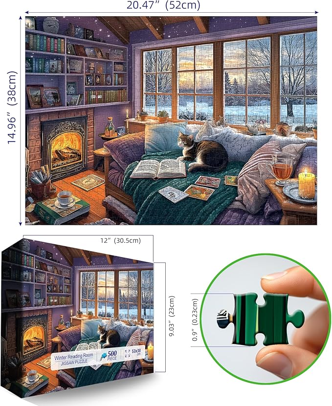 Read Room Puzzles for Adults 500 Pieces Book Jigsaw Puzzles for Adults Puzzles 500 Pieces Winter Reading Nook Scene Challenging Family Puzzle for Seniors Women Men Size is (21"x15")
