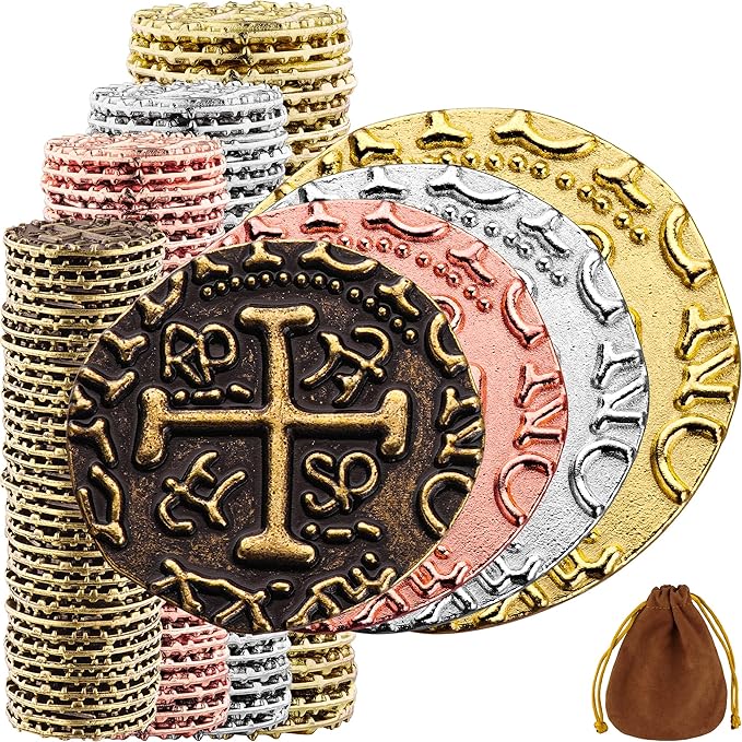 Large Metal Pirate Coins - 100 Bronze, Silver, Gold & Rose Gold Treasure Coin Set - Metal Replica Spanish Doubloons for Board Games, Tokens, Cosplay, Treasure Chest - M, L, XL, XXL Sizes Mix