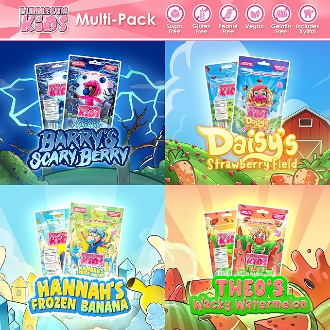 Bubblegum Kids Sugar Free Gum - For Kids and Adults - Vegan Friendly - Retro, Parent Approved Bubble Gum with Burst of Sweet Flavor - Variety Pack (4 Pack of Fruit Flavors)