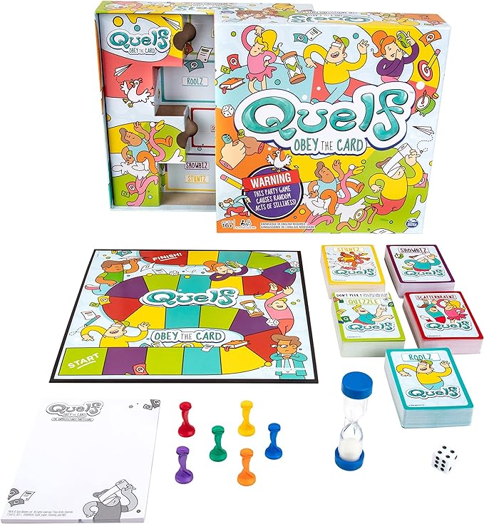 Spin Master Quelf Board Game: Party Game for Teens and Adults -Obey The Cards to Win Family Game Night - 300 Outrageous Action Cards Combines Quiz Questions, Stunts, Acting, and Hilarious Rules