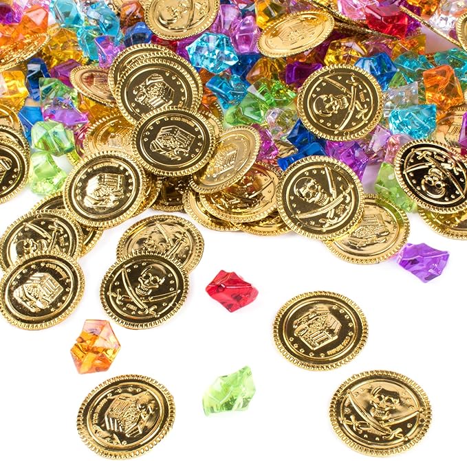 Super Z Outlet Pirate Plastic Gold Colored Coins Buried Treasure and Pirate Gems Jewelry Playset Activity Game Piece Pack Party Favor Decorations (120 Coins + 120 Gems)