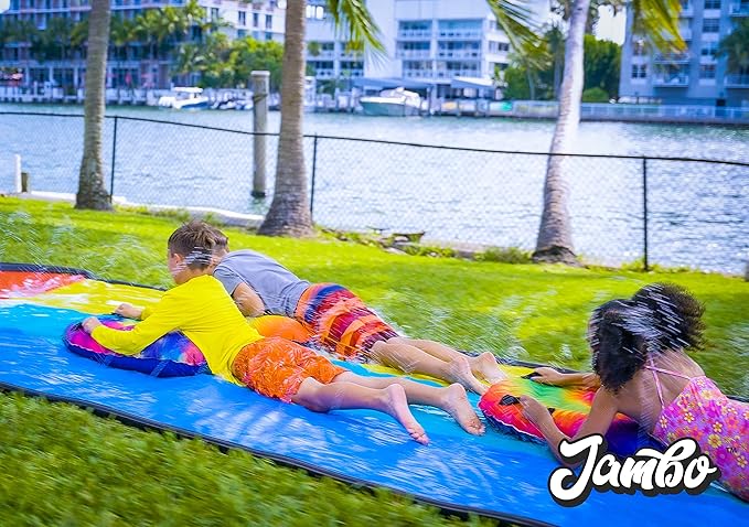 JAMBO Inflatable Surf Body Board with Handles, Boogie Board for Beach, Surfing Swimming Floating Surfboard Boards, Pool Floats Pool Beach Toy for Kids (Tie Dye and Color Spiked Double Pack) - 2 Pack