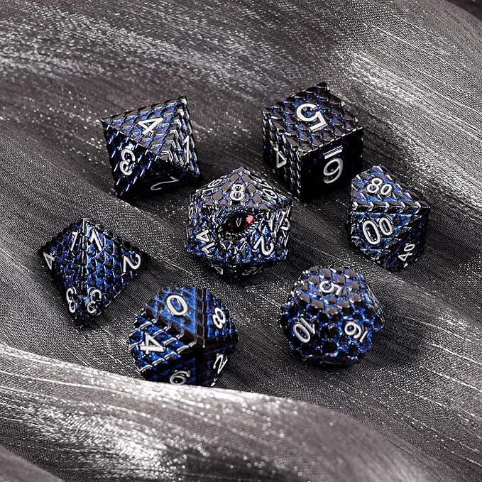 Metal Dice Set D&D,7 PCS Dragon Scale Metallic DND Dice Set,Dragon Eye Metal Dice with Gift Metal Box for Dungeons and Dragon Tabletop Game (Glitter Blue Dragon Scale & Red Eye)