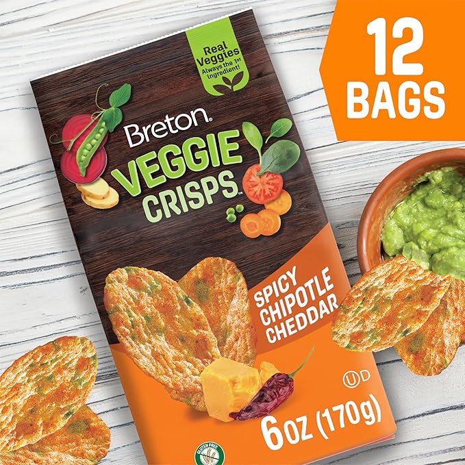 Breton Veggie Crisps Spicy Chipotle Cheddar (Pack of 12) - Popped not Fried Crisps, Made with Real Vegetables, Light and Crispy Gluten Free Chips, Snacks for School, Lunch Box and More, 12x6oz