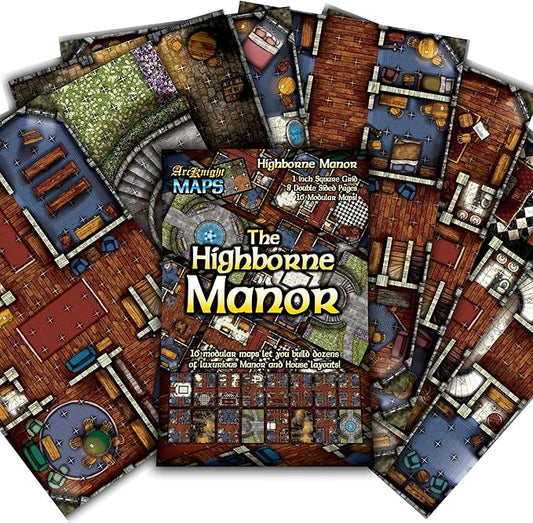 Arcknight The Highborne Manor Roleplaying Battlemaps; 16 Modular RPG Maps in 8 Double-Sided Pages, 1" Square Grid, Modular & Versatile Design for Tabletop Gaming - for Dungeons & Dragons, Pathfinder