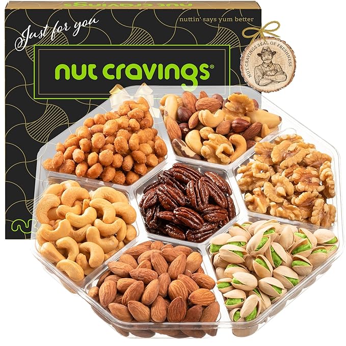 NUT CRAVINGS - Mixed Nuts Gift Basket in Black Gold Box (7 Assortments, 1 LB) Food Arrangement, Healthy Snack Care Package, Kosher
