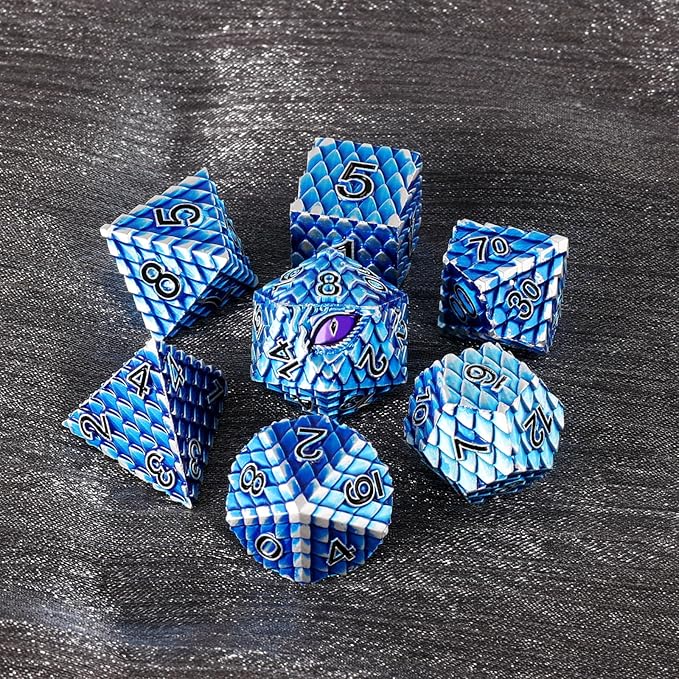 Metal Dice Set D&D,7 PCS Dragon Scale Metallic DND Dice Set,Dragon Eye Metal Dice with Grogeous Gift Case for Dungeons and Dragon Tabletop Game (Blue Dragon Scale & Purple Eye)