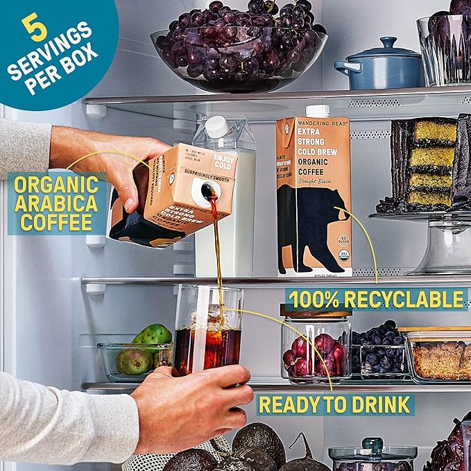 Wandering Bear Organic Vanilla Cold Brew Coffee, 32 fl oz, 3 pack - Extra Strong, Bold, Smooth, Unsweetened, Shelf-Stable, Ready to Drink, Gluten Free, & Vegan, Iced Cold Brewed Coffee Drinks