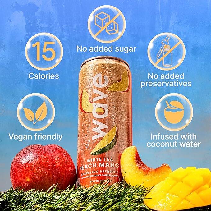 WAVE Sparkling Refreshers | Sparkling Juice | Organic Hydration | Low Calorie Drink | Lightly Carbonated Soda Alternative | No Added Sugar or Artificial Ingredients | White Tea Peach Mango | 12 Pk.
