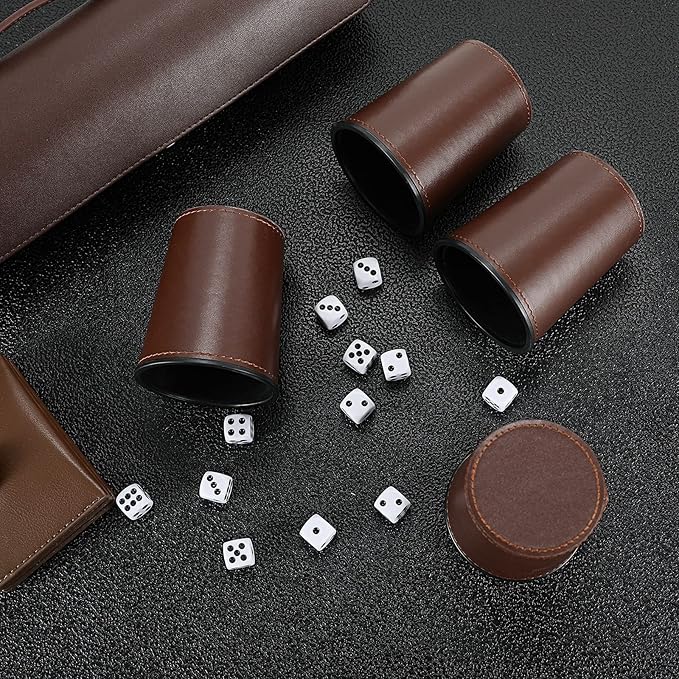 Party Games Leather Dice Cup Set, 5 Black Dices Cups + 25 Dice + Exclusive Storage and Transport Case Made of Faux
