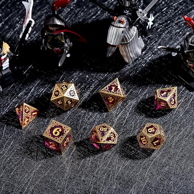 Cusdie 7-Piece Metal Frame Sharp Edges DND Dice Set with Metal Frame- Perfect for Tabletop RPGs Board Games Gifting and Collecting(Purple)