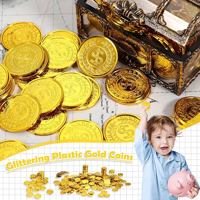 Hanaive 800 Pcs Plastic Pirate Coins Gold Treasure Spanish Doubloon Fake St. Patricks Toy Coin for Kids Board Games Pirate Party Cosplay Teachers Classroom Reward (Gold, Classic)