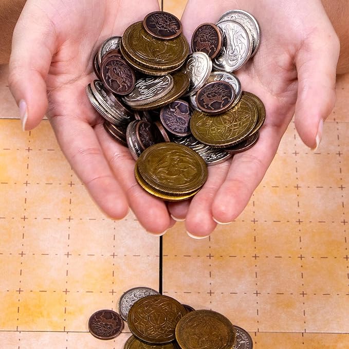 The Dragon's Hoard: 60 Real Metal Fantasy Coins with Leather Pouch | Board Game Accessory for Tabletop RPG Role-Play Strategy Games | Bronze, Silver, and Gold Colored Coins