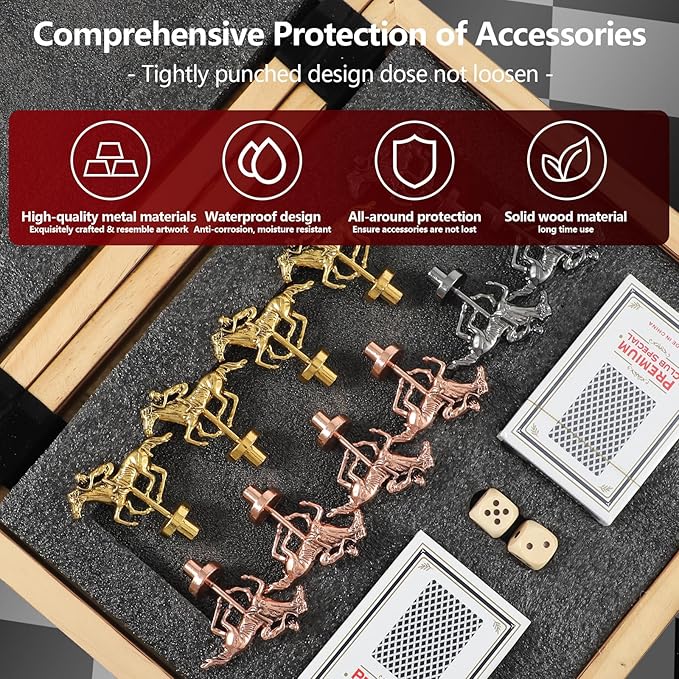 Wooden Finish Line Horse Racing Board Game Equipped with 11 Luxury Metal Craft Horses Adult Chessboard Including 2 Dice and 2 Boxes of Cards Folding Box Game Board (Light Flame)