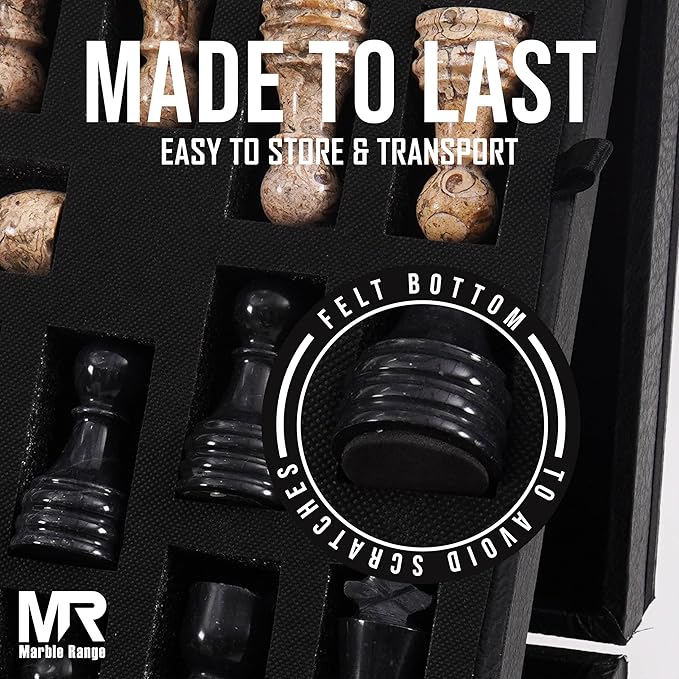 Marble Chess Set 15 Inch Handmade Black & Coral Board Game with Storage Box, Classic Travel Chess Set for Adults with Pieces & 2 Extra Queens, Elegant Gift & Home Décor