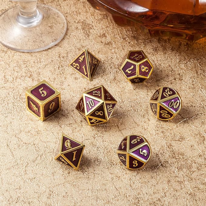 D&D Table Game Dice Set, 7PCS Metal Die with Metal Gift Box for Dungeons and Dragons (Dark Purple and Gold Number)