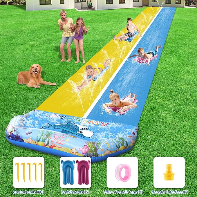 VEEST 33 FT Extra Long Water Slides for Kids Adults, Giant Double Lawn Water Slip Heavy Duty with 2 Bodyboards, Summer Water Slides with Crash Pad for Backyard Outdoor