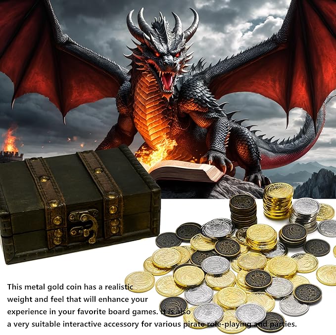 Metal Pirate Coins, 110 Pieces Lots of Toys Gold Coins for Board,for DND Props Accessories, Treasures and Treasure chests Fantasy Dragon Coinsfor RPG Tablelap