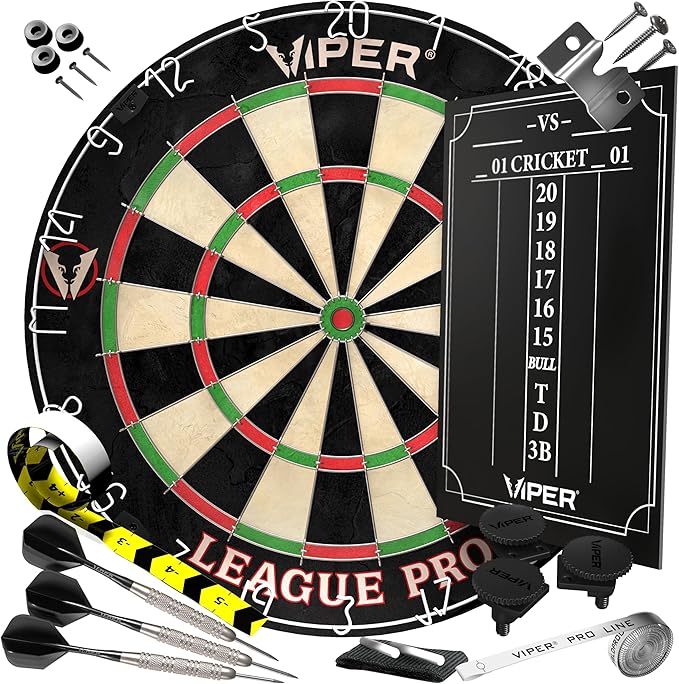 Viper League Pro Regulation Bristle Steel Tip Dartboard Starter Set with Staple-Free Bullseye, Radial Spider Wire, High-Grade Sisal with Rotating Number Ring, Chalk Cricket Scoreboard, Steel Tip Darts