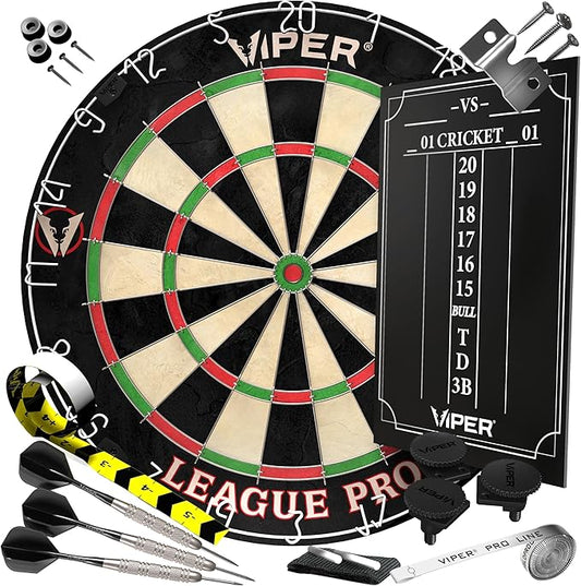 Viper League Pro Regulation Bristle Steel Tip Dartboard Starter Set with Staple-Free Bullseye, Radial Spider Wire, High-Grade Sisal with Rotating Number Ring, Chalk Cricket Scoreboard, Steel Tip Darts