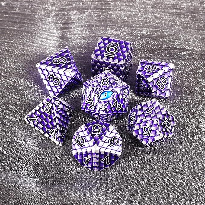 Metal Dice Set D&D,7 PCS Dragon Scale Metallic DND Dice Set,Dragon Eye Metal Dice with Grogeous Gift Case for Dungeons and Dragon Tabletop Game (Purple Dragon Scale & Blue Eye)