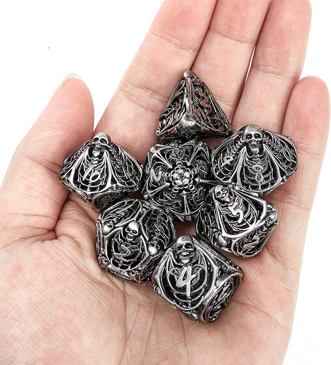 Metal Skull Dice Set Hollow Multi-Sided Dungeons & Dragons Dice 7CPS Role-Playing Dice Set with Flannel Bag Suitable for D&D Board Game Cards(Antique Nickel)