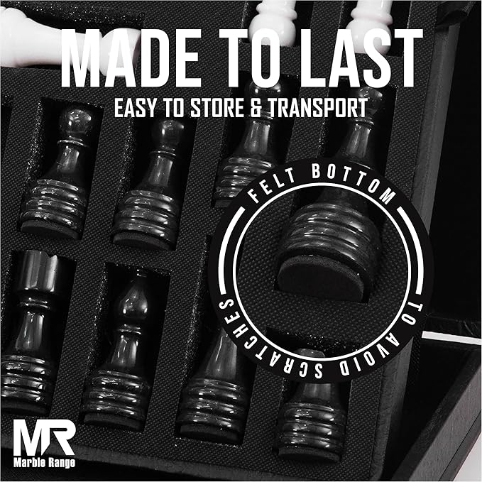 Marble Chess Set 15 Inch Handmade Black & White Board Game with Storage Box, Classic Travel Chess Set for Adults with Pieces & 2 Extra Queens, Elegant Gift & Home Décor