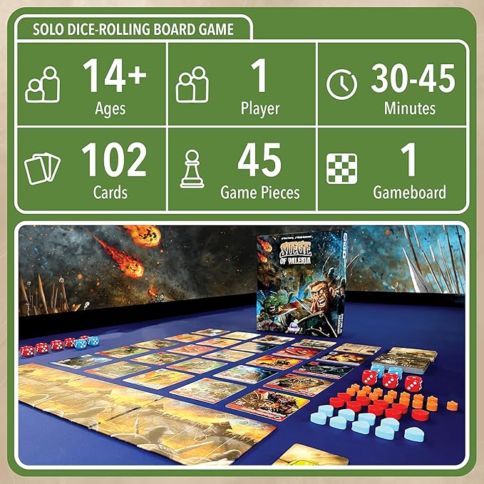 Siege of Valeria Board Game - Tower Defense Solo Board Game with Dice Rolling and Combo Cards. Single Player Fun with Fast Paced Gameplay