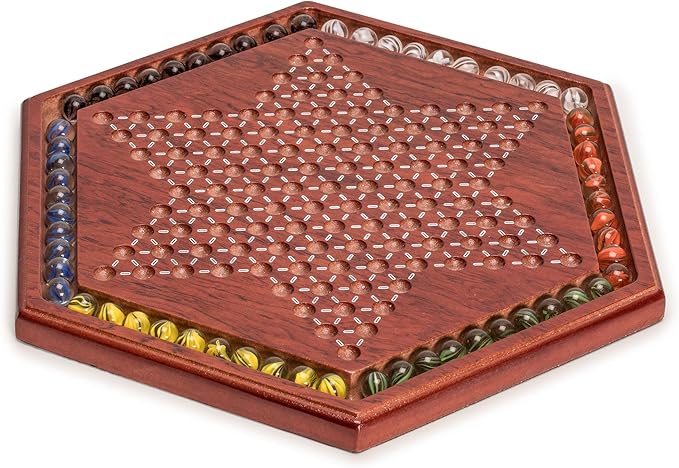 Yellow Mountain Imports Wooden Chinese Checkers Halma Board Game Set - 13.6-Inch - with 60 Colored Petal-Style Glass Marbles (16-Millimeter) - Classic Strategy Game