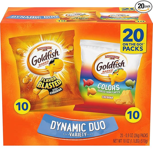 Goldfish Dynamic Duo Variety Pack, Colors Cheddar & Flavor Blasted Xtra Cheddar, Snack Packs, 20 Ct