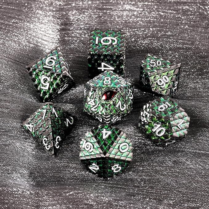 Metal Dice Set D&D,7 PCS Dragon Scale Metallic DND Dice Set,Dragon Eye Metal Dice with Grogeous Gift Case for Dungeons and Dragon Tabletop Game (Glitter Green Dragon Scale & Red Eye)
