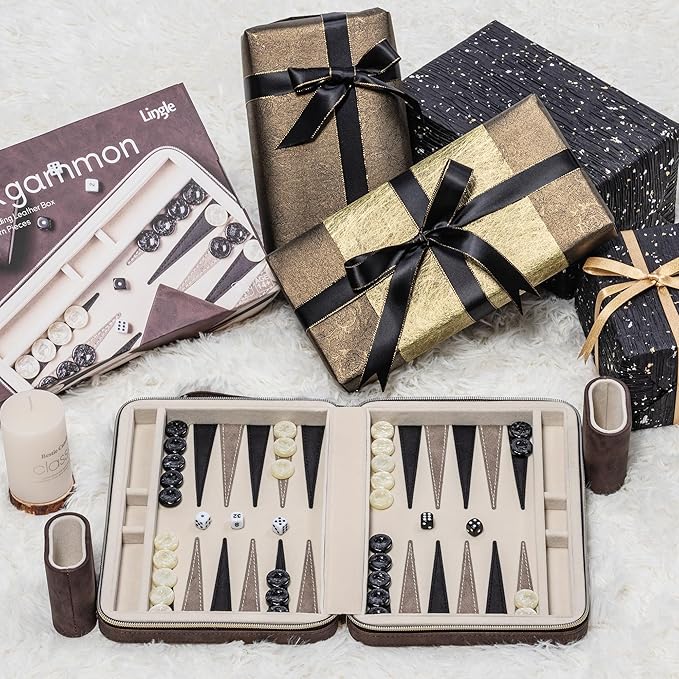 Backgammon Sets for Adults, Classic Board Game with Folding Leather Backgammon Case, Portable Travel Backgammon Game Set (Brown)