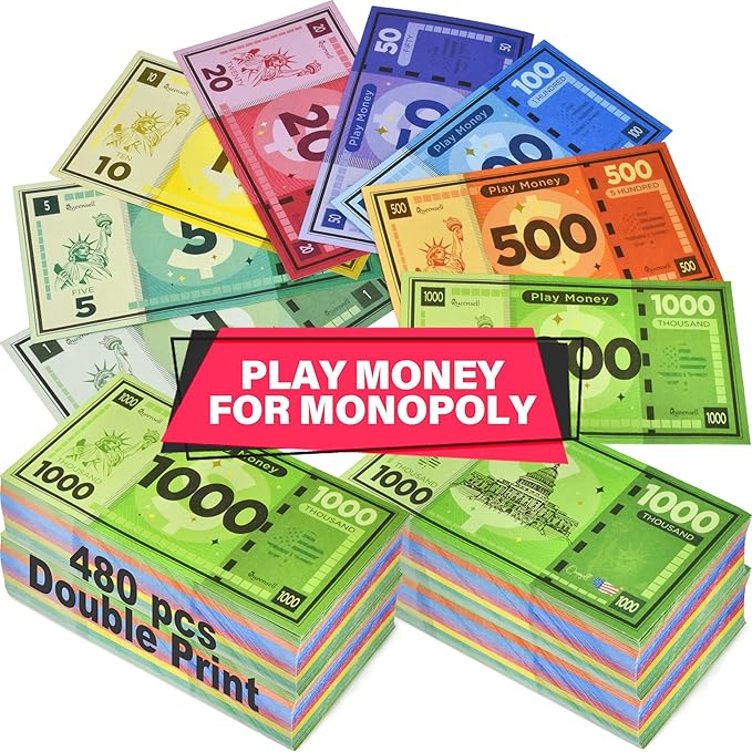 Queensell Play Money Suitable for Monopoly Board Game – 480 pcs of 60 Each Bill Denomination – Double Sides Printing Paper Money for Pretend Play Cashier - 480 pcs