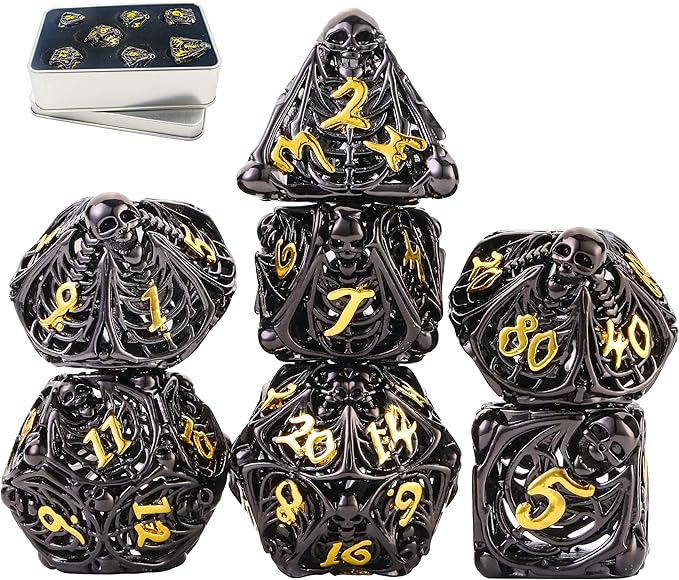 Metal DND Dice Set Skull Dungeons and Dragon Dice Set Hollow Polyhedral Magic 7 PCS Dice Set with Gift Metal Box for Dungeons and Dragons Table Games Play Cards MTG(Skull_Black Plus Gold)