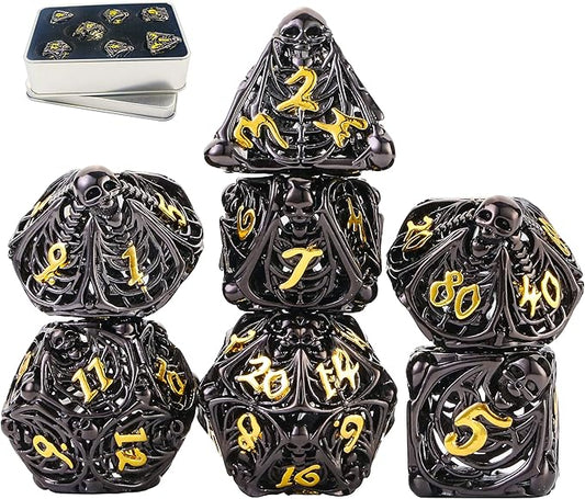 Metal DND Dice Set Skull Dungeons and Dragon Dice Set Hollow Polyhedral Magic 7 PCS Dice Set with Gift Metal Box for Dungeons and Dragons Table Games Play Cards MTG(Skull_Black Plus Gold)
