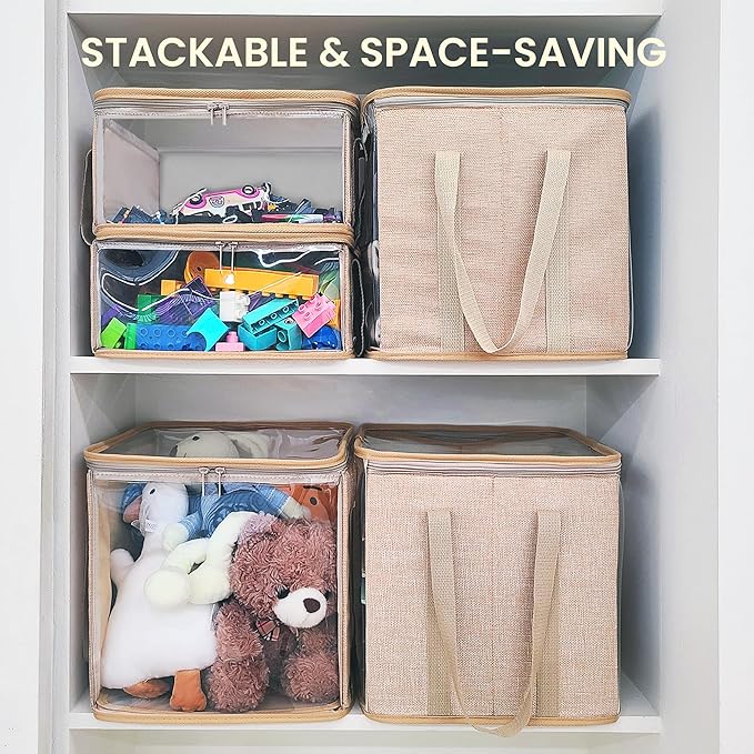 holay 2 Pack Storage Bins PVC Boxes with Transparent Lid & Handles - Durable & Foldable - Multi-Purpose Organizer for Clothes, Books, and More (Brown, Medium)