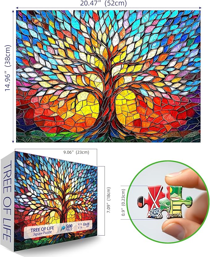 500 Piece Puzzles for Adults Stained Glass Tree of Life Puzzle for Adults Colorful Mosaic Jigsaw Puzzles 500 Pieces with Letters on Back Hard Impossible Difficult Challenging Family Puzzle(21"x15")