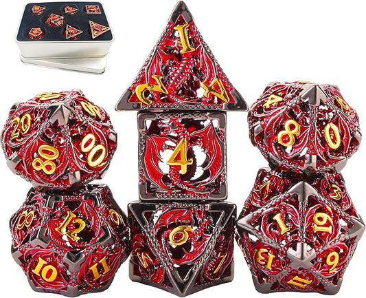 Metal DND Dice Set Dungeons and Dragon Dice Set Hollow Dragon Polyhedral Magic 7 PCS Dice Set with Gift Metal Box for Dungeons and Dragons Table Games Play Cards MTG(Dragon_Black Red Plus Gold)