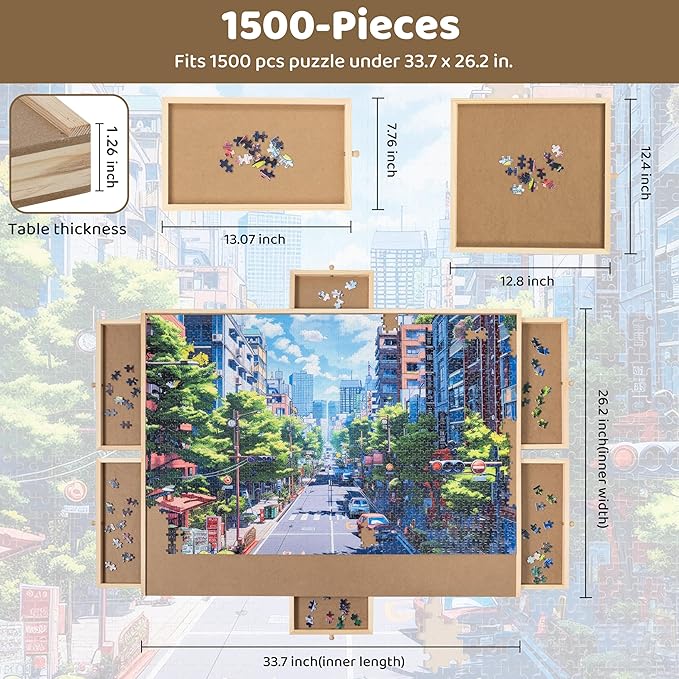 Rotating Puzzle Board by Birch and Key - Large Puzzle Table 33.7"x26.2" Size - Fits Puzzle up to 1500 Pieces - 6 Premium Wood Storage Drawers - 360 Degree Rotating Lazy Susan - Puzzles and Board Games