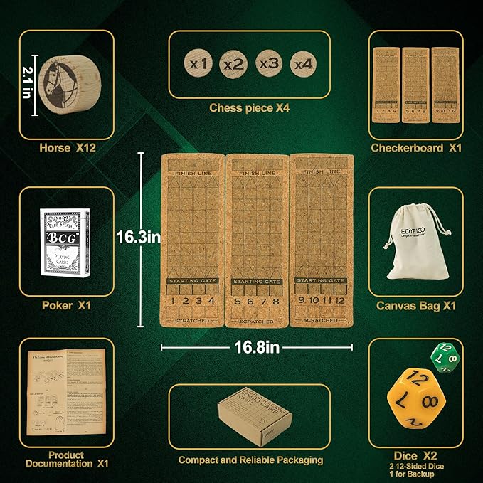 Portable Horse Race Board Game, Travel Dice Game with Cork Board, 12 Horses, Poker, Canvas Bag, Fair Horse Racing Game, Easy Carry, Parties, Family Nights, Travel, Outdoors, Edyfico GSM101