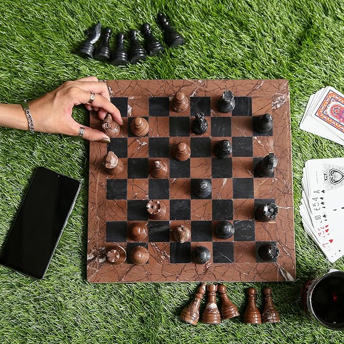 Handmade Marble Chess Set - Marina & Black (12 x 12 Inches) - Chess Sets for Adults - Premium Quality Chess Boards - Fancy Chess Boards