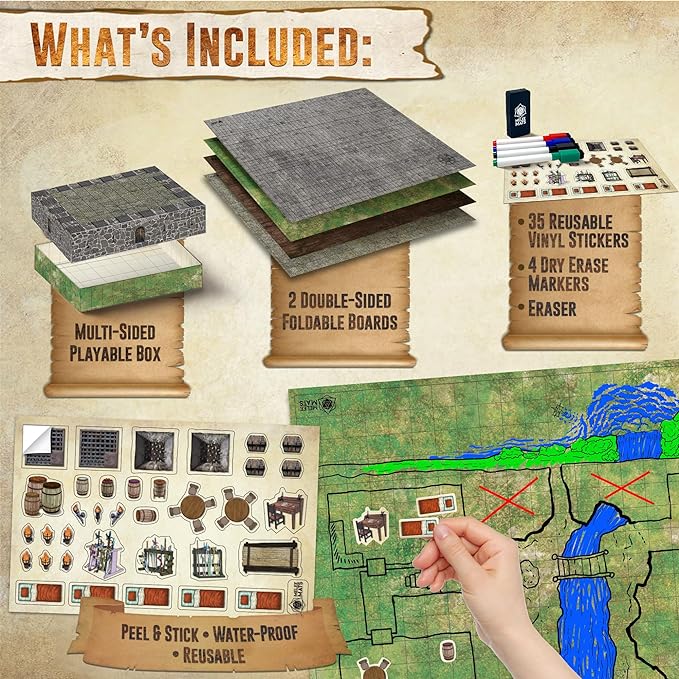 Melee Mats DND Map Starter Kit for Dungeons & Dragons Game - 22” x 26" Double Sided, Wet/Dry Erase Battle Terrain Grid - Ultimate Tabletop Board Gaming Experience with Accessories