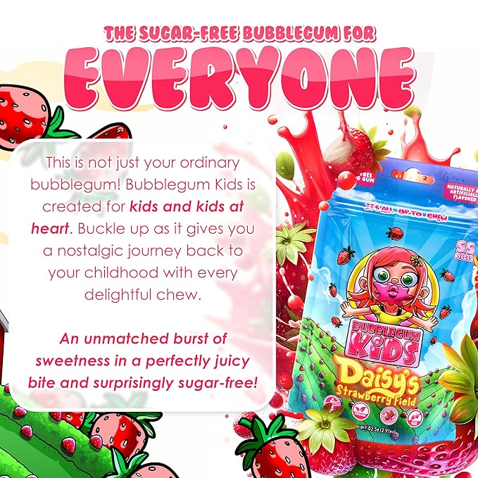 Bubblegum Kids Sugar Free Gum - For Kids and Adults - Vegan Friendly - Retro, Parent Approved Bubble Gum with Burst of Sweet Flavor - Daisy's Strawberry Field (Strawberry Flavor)