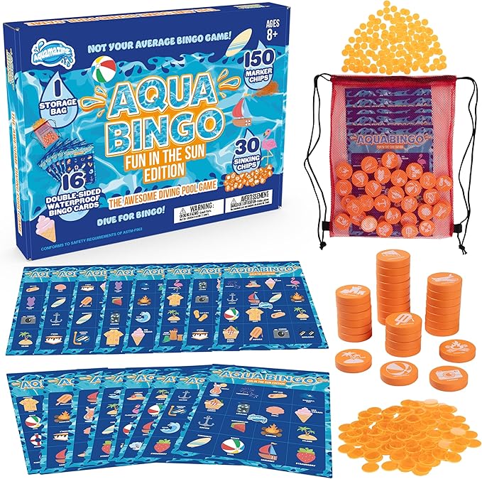 Pool Bingo Diving Game for Kids- Summer Party Fun Edition- Dive for & Call 30 Sinking Tropical Themed "Numbers", Fill Your Card- 150 Marker Chips 16 Double Sided Waterproof Play Cards, Toy Storage Bag