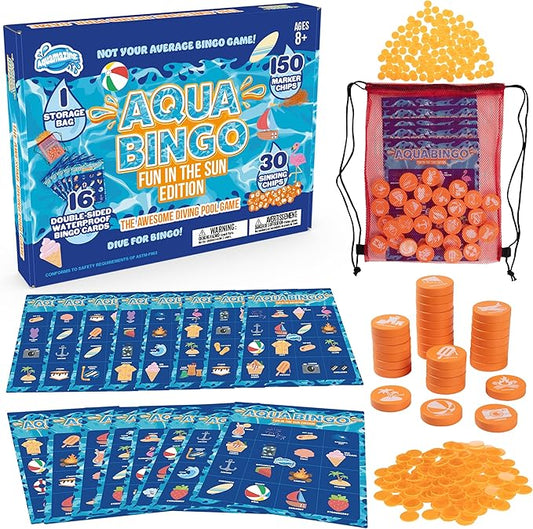 Pool Bingo Diving Game for Kids- Summer Party Fun Edition- Dive for & Call 30 Sinking Tropical Themed "Numbers", Fill Your Card- 150 Marker Chips 16 Double Sided Waterproof Play Cards, Toy Storage Bag
