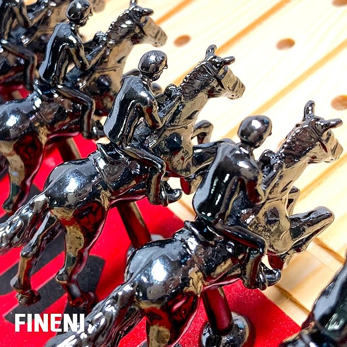 Horse Racing Board Game with Luxurious Durable Metal Horses, 11 Pieces, Black, Real Pine Wood Horseracing Game Board, Dice and Cards
